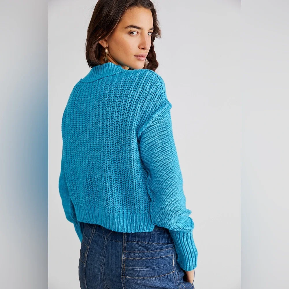 NWOT Free People Bell Song Blue Pullover Boxy Cropped  Knit Sweater Size XS